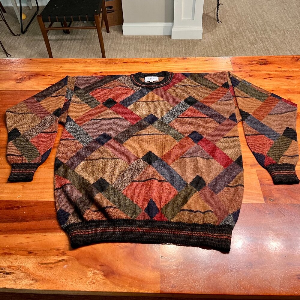 Retro Geometric Pattern 100% Alpaca Wool Large Jumper Sweater by James Meade